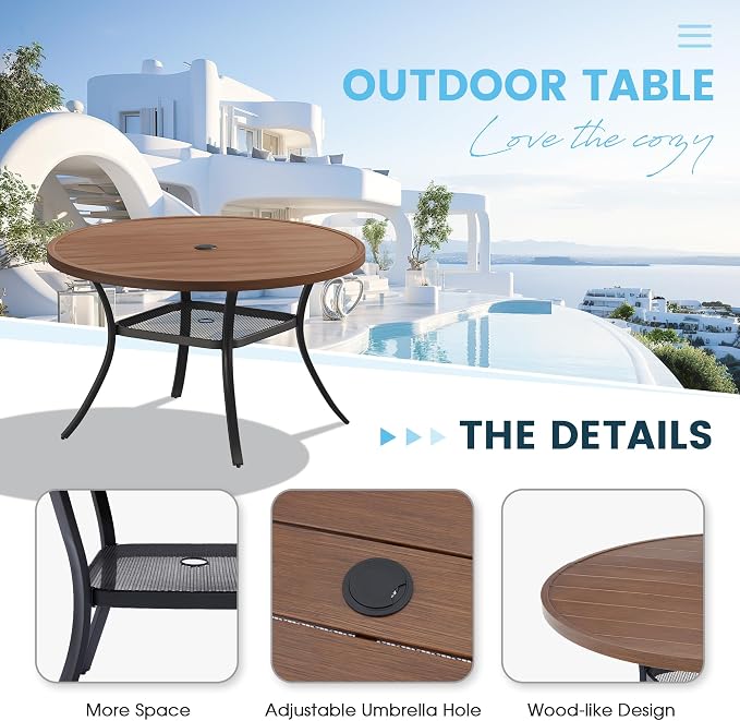7 Pieces Patio Dining Set, 47" Round Dining Table with Umbrella Hole, 6 Stackable Textilene Fabric Chairs, Metal Structure for Patio, Porch, Garden(Walnut Table, Brown Chair)