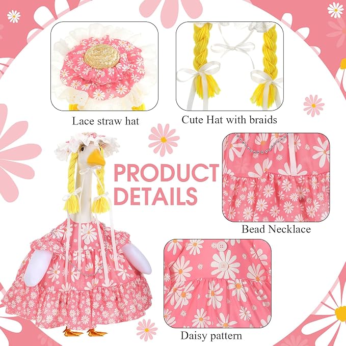 Spring Summer Pink Daisy Porch Goose Outfit for 23'' Goose Clothes Bee Pink Skirt with Hat for Spring Summer Outdoor Garden Yard Patio Lawn Decor(Daisy)