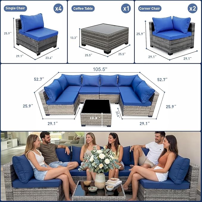 7 Piece PE Rattan Sectional Patio Furniture Set, Blue | All Weather Outdoor Conversation Sofa Set with Coffee Table & Thick Cushions, Ideal for Backyard Porch Garden
