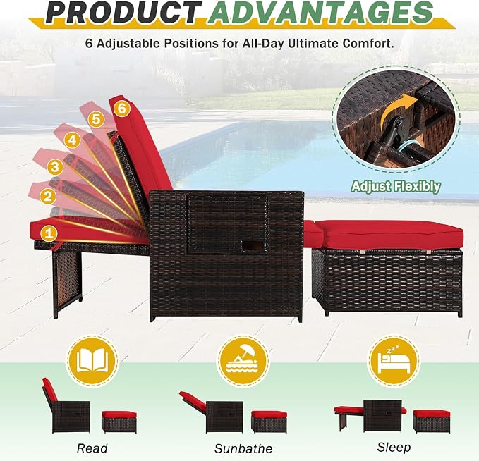 LVUYOYO 5 Piece Patio Furniture Set, Patio Wicker Conversation Set with Ottoman, Outdoor Chaise Lounge Chair with Side Table & Adjustable Backrest for Pool Backyard Garden (Brown Wicker Red Cushion)
