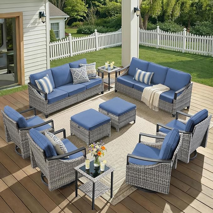 10 Piece Wicker Patio Furniture Sets-High Back Wicker Swivel Rocker Patio Chairs Set of 4 with Thick Cushions Ottomans, Outdoor Sofa, Patio Conversation Sets for Porch Balcony Patio Deck Grey/Blue