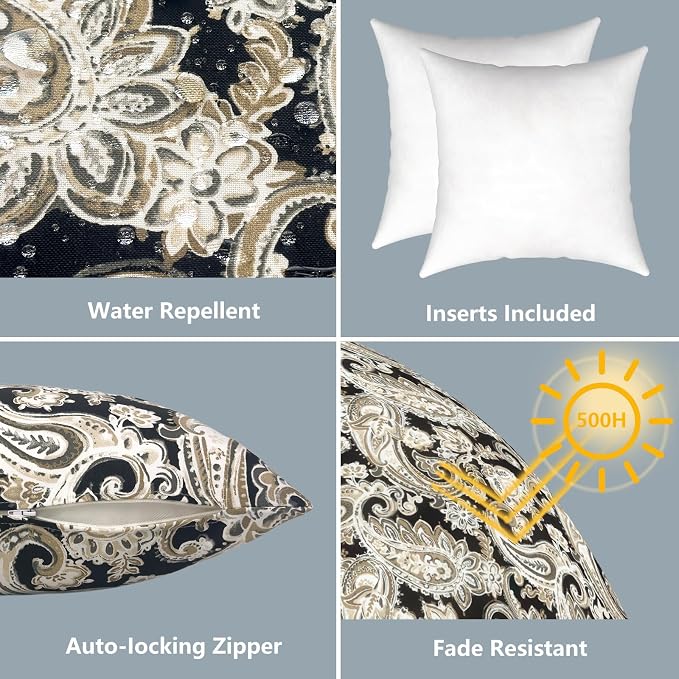 LVTXIII Outdoor/Indoor Throw Pillows, Decorative Throw Pillows with Inserts, 18"x18" Square Pillows for Bed, Couch, Sofa and Patio Furniture, Set of 2, Paisley Black