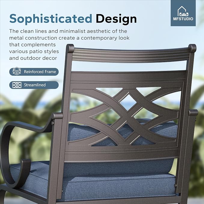 MFSTUDIO 9-Piece Patio Dining Set, 57.5" Square Metal Table, Fixed Chairs | Umbrella Hole, Blue