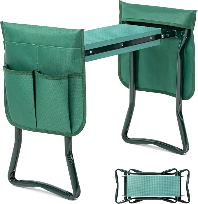 Simple Deluxe Garden Kneeler and Seat, Foldable Kneeling Stool with Thicker EVA Foam Pad, Heavy Duty Bench with 2 Tool Pouches, Gifts for Outdoor Gardening, Fishing, Green.