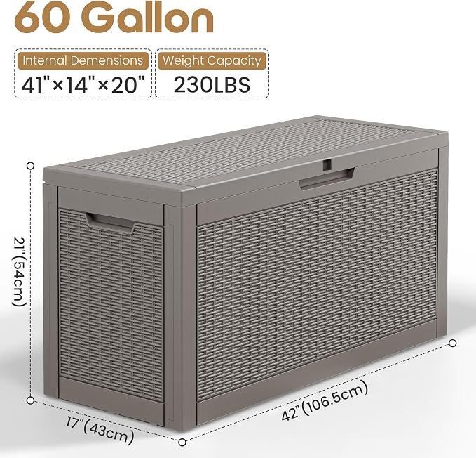 Outdoor Storage Box, 60 Gallon Resin Deck Boxes Outdoor Waterproof For Patio Furniture, Garden Tools, Pool Supplies, Lockable And UV Resistant (Rattan Gray)