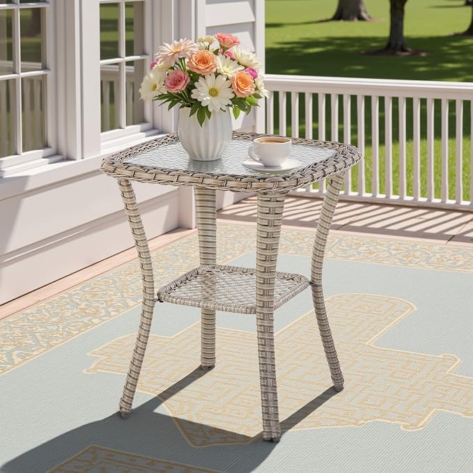 Patio Tables Wicker Side Table, Square Rattan Coffee End Table Outdoor with Storage, Tempered Glass Top Patio Side Tables for Deck Porch Sunroom Backyard