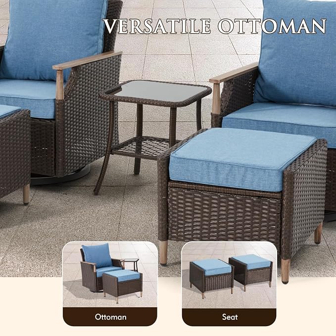 MELLCOM Patio Swivel Glider Rocker Chairs Set Wicker 5 Piece Patio Furniture Set Rocking Bistro Set with Tempered Glass Side Table and 2 Ottoman, for Backyard Garden Patio Porch (Blue, 5pcs)