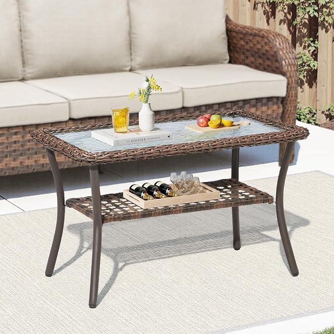 Outdoor Wicker Sofa & Coffee Table Set, 2 PCS Patio Sofa with 4" High-Resilience Cushions, Ergonomic Curved Armrests & 300lb Heavy Duty Frame for Small Spaces, Porch, Balcony, Blue