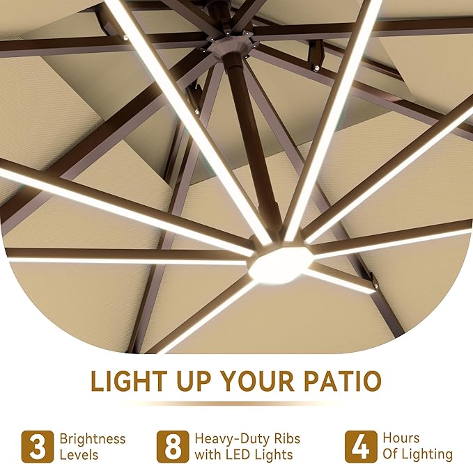 9 X 12 FT Cantilever Outdoor Patio Umbrella with LED Lights Large Heavy Duty 360° Rotation Double Top Offset Rectangular Umbrellas for Backyard Garden Pool Outside Deck, Beige