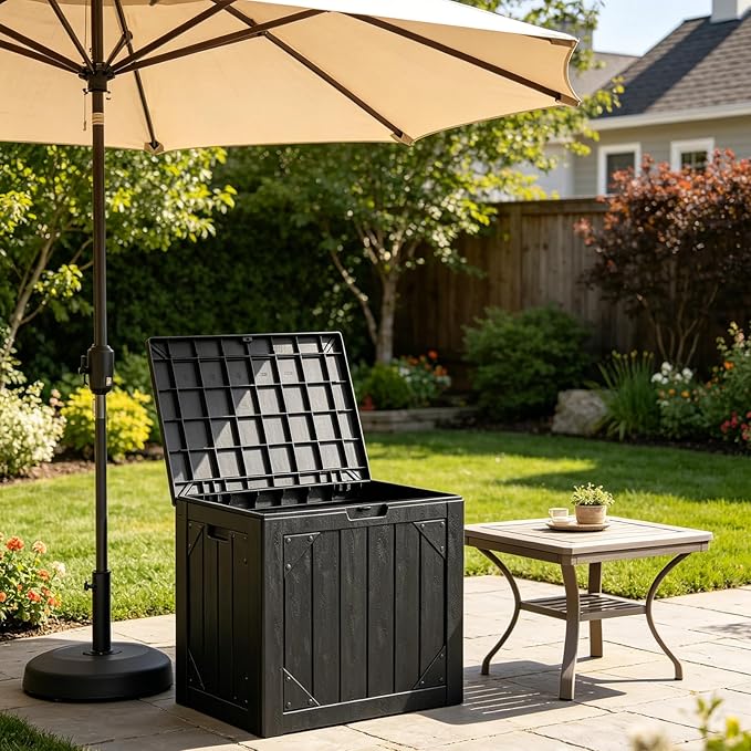 31 Gallon Outdoor Deck Box 4 Pack, Waterproof Resin Patio Storage Boxes with Lockable Lid, Small Outdoor Storage for Cushions, Accessories, Garden Tools, Indoor Outdoor Organizer, Black