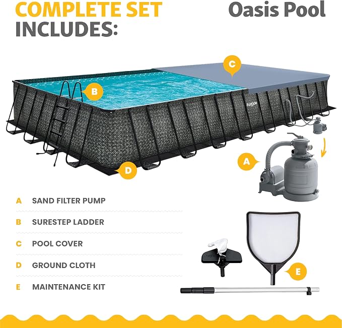 Funsicle Oasis Designer 32' x 16' x 52" Rectangular Above Ground Swimming Pool Set with Sand Filter Pump, Ladder & Maintenance Kit – Easy Setup for Backyard Fun