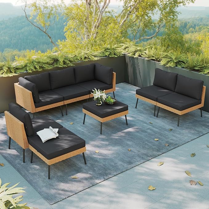 Aoxun 8 Piece Patio Furniture Set, 8 Seats Outdoor Sectional Sofas with Thick Cushion, Wicker Outdoor Patio Furniture Set with Ottomans for Party, Garden, Backyard, Black