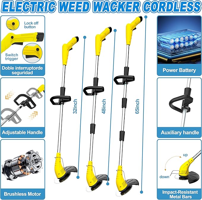 Aokia Electric Weed Wacker Cordless, 12V Battery Powered Weed Eater Cordless with Adjustable Pole (65inch), Lightweight Grass Trimmer Cutter/Edger/Mower with 2 Types Blade for Yard Lawn and Garden
