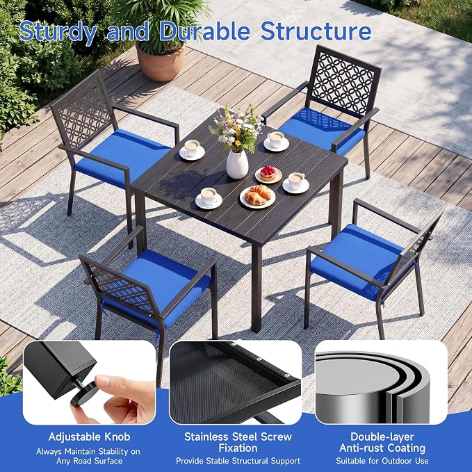 LuxaDomus 5 Piece Outdoor Dining Set, Wood Grain Square Outdoor Patio Table and Chairs Set, Metal Dining Set with with 4 Spacious Dining Chair, All Weather Patio furniture Set for Deck Garden Poolside