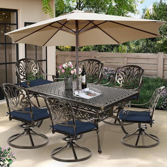 7-Piece Outdoor Patio Dining Set, 60” Rectangular Cast Aluminum Dining Table with Umbrella Hole and 6 Cushioned Swivel Rocker Chairs, Patio Funiture Set for Backyard, Patio, Garden, Navy
