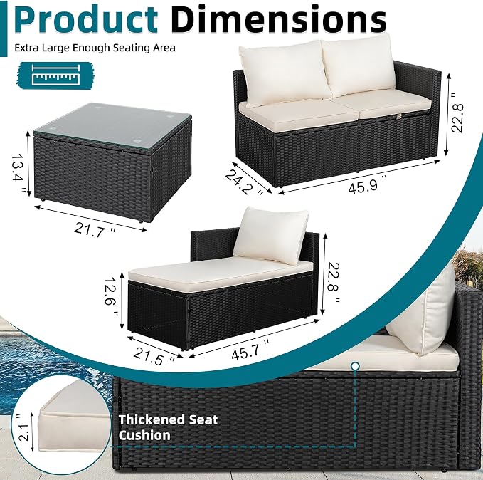 SUNLEI 3-Piece Patio Sectional Sofa, Patio Furniture Set with Detachable Soft Cushions, All Weather Outdoor PE Rattan Patio Conversation Sofa Set with Glass Coffee Table & Ottoman, Black Rattan/White