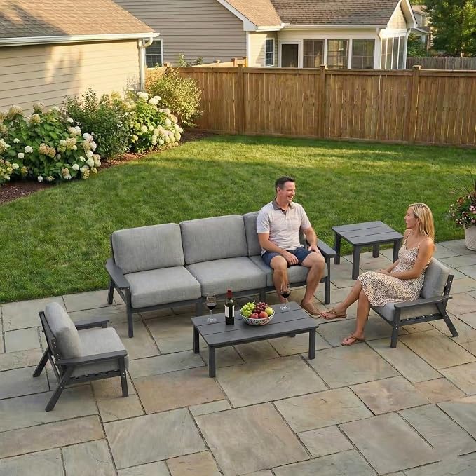 Kingdura HDPE Patio Furniture Set, 7 Piece Outdoor Sectional Sofa with Coffee Table & Side Table, All Weather Outdoor Couch Conversation Set with Washable Cushions for Backyard Poolside Balcony