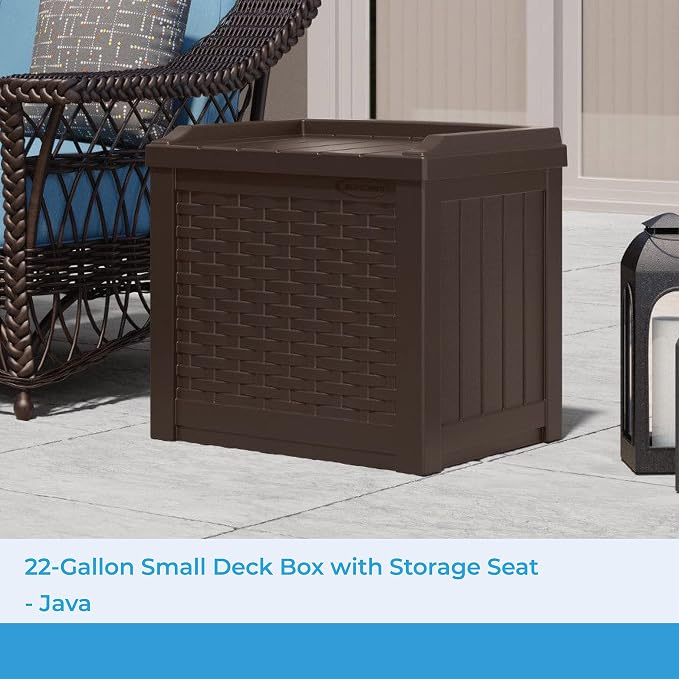 Suncast 22 Gallon Small Resin Storage Seat, Java, SSW600J & Keter Marvel Plus 71 Gallon Resin Outdoor Box for Patio Furniture Cushion Storage, Brown