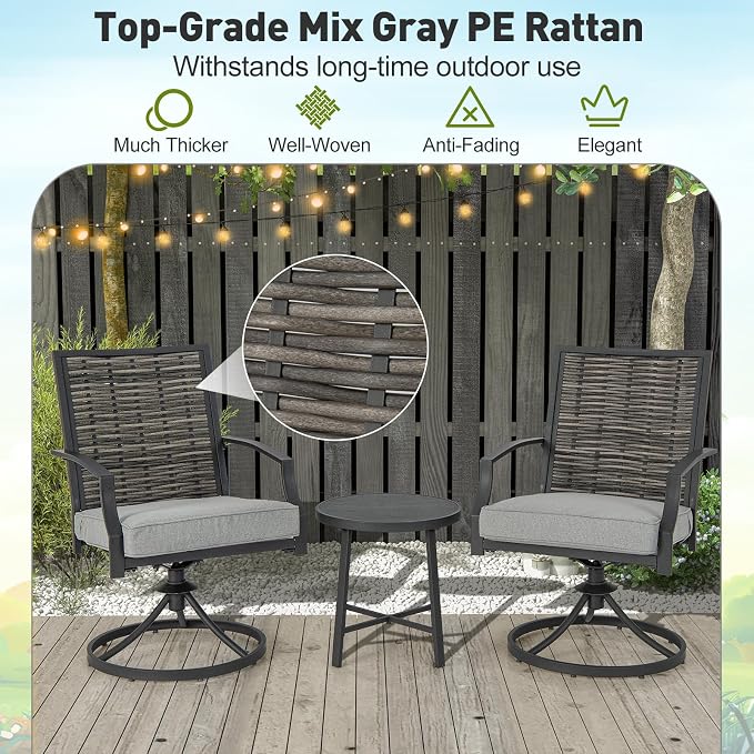 Tangkula 3 Piece Patio Swivel Chair Set, Wicker Swivel Chairs w/Coffee Table, Soft Seat Cushions, Heavy-Duty Metal Frame, 360° Swiveling Chair Set for Backyard, Balcony, Front Porch (Gray)