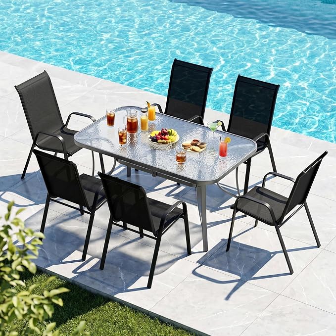 MAMIZO 7 Pieces Patio Dining Set for 6, Outdoor Table and Chairs w/Rectangle Glass Table and 6 Textilene Stackable Chairs, Patio Furniture Set w/1.69" Umbrella Hole (Grey Table & Black Chair)