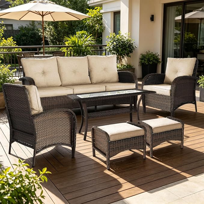 Outdoor Swivel Rocker Patio Chairs (Brown Wicker/Khaki Cushion, 6PC/Sofa & Chair &Coffee Table & Ottomans)
