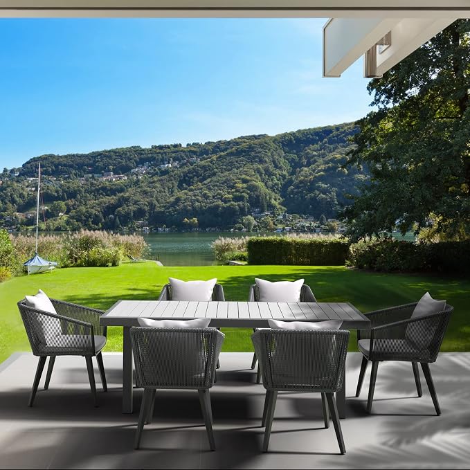 Astomi 7 Pieces Outdoor Patio Dining Set, Rattan Patio Furniture Table and Chairs for 6 with Cushion, for Backyard, Balcony, Garden (Dark Grey)