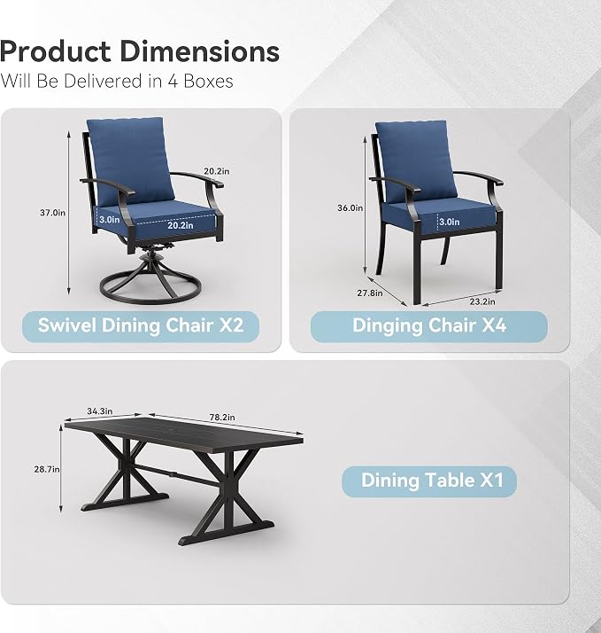 ALAULM 7-Piece Patio Dining Set,Outdoor Metal Dining Set with 2 Swivel Chairs & Rectangle Table with 1.5 Umbrella Hole, Patio Dining Table and Chairs for Backyard,Navy