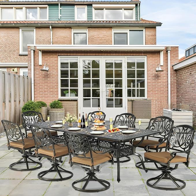 9-Piece Patio Cast Aluminum Dining Set, Outdoor Dining Furniture Set for 8 Person, Includes 94.5" Rectangular Dining Table and 8 Swivel Chairs with Umbrella Hole for Deck Garden, Tan