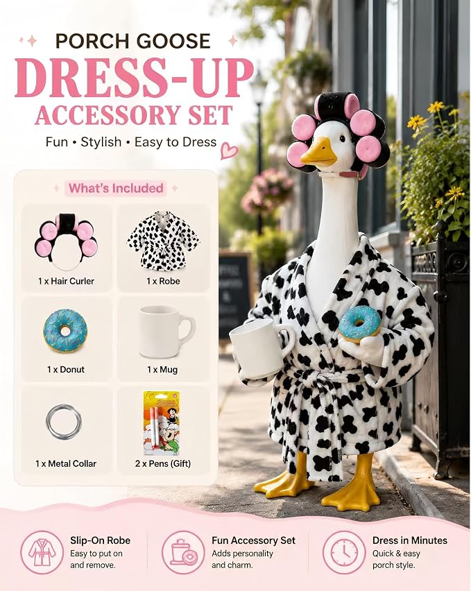 Goose Porch Outfit, 23-Inch Goose Statue, Leopard Print Bathrobe for Patio Home Decor, Comes with Curler, Waist Belt, Donut & Coffee Cup