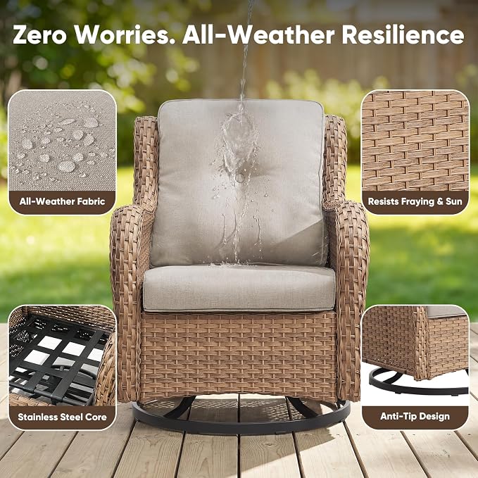 Belord 5 Piece Wicker Patio Furniture Set, Outdoor Swivel Rocker Chairs Set of 2 with Ottomans and 3 Seater Sofa, All Weather Patio Conversation Furniture Set, for Porch Pool, Yellow Wicker/Beige