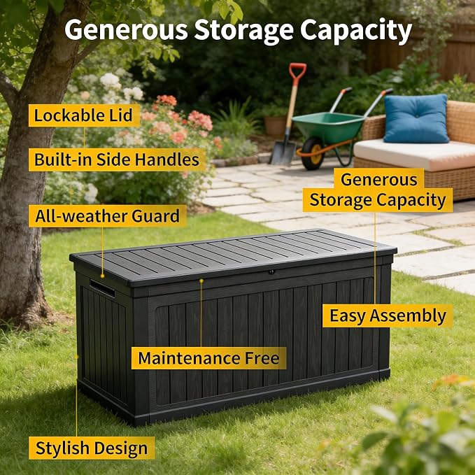 260 Gallon Lockable Resin XXL Deck Box, Waterproof Outdoor Storage Box for Patio Furniture Cushions, Garden Tools & Pool Accessories Storage, Black