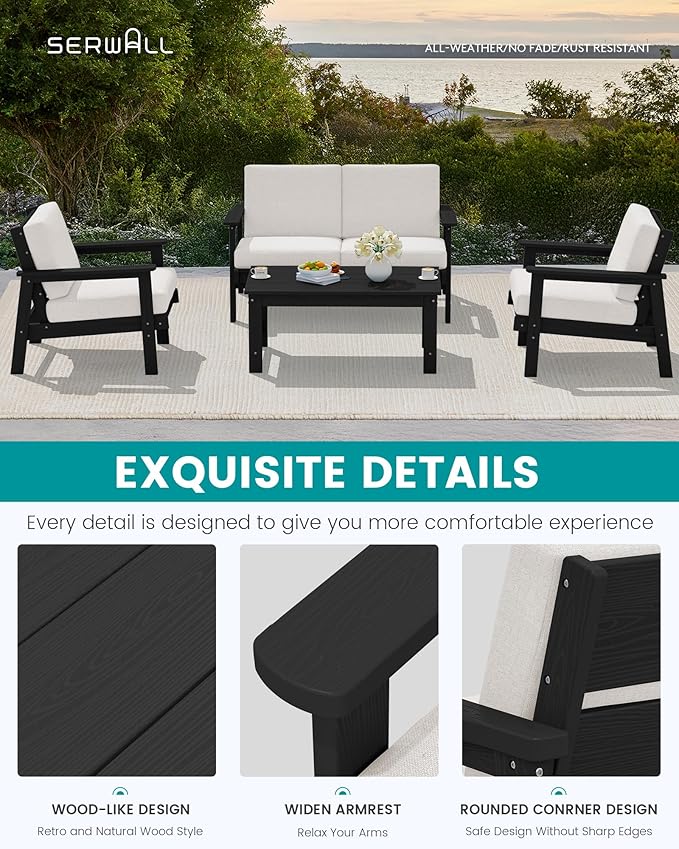 SERWALL HDPE Outdoor Furniture Set, 4 Piece Outdoor Sofa Set, Black Frame with Khaki Cushions