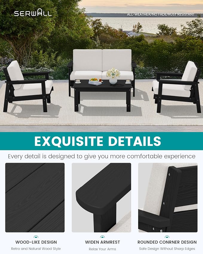 SERWALL Patio Conversation Sets, 7 Piece, Black Frame with Khaki Cushions