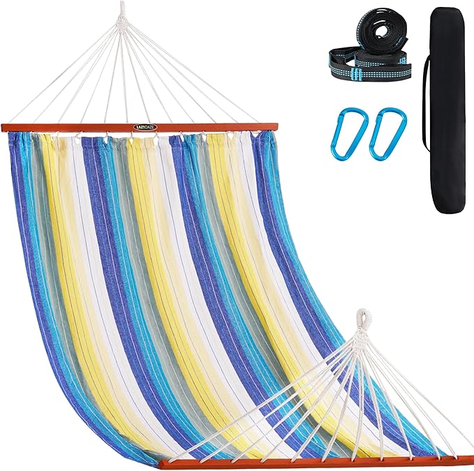 Lazy Daze Hammocks Cotton Fabric Double Hammock with 55" Spreader Bar, Portable Camping Hammock with Carrying Bag & Tree Straps for Patio, Backyard, Balcony, 450lbs Capacity, Blue & Yellow
