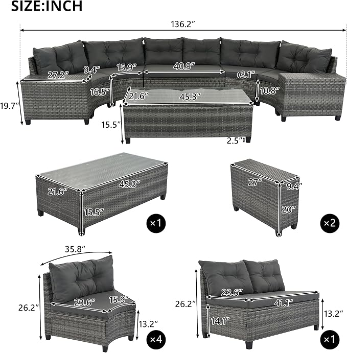 LUMISOL 8-Piece Outdoor Half-Moon Curved Sofa Set, Outdoor All-Weather Wicker Patio Conversation Set with Coffee Table and End Tables for Porch,Backyard, Gray