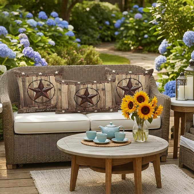 Rustic Country Outdoor Pillow Covers 16x16 Inch Throw Pillow Covers Set of 2 Waterproof Decorative Pillow Cases Western Stars Brown Texture Wooden Print Cushion Covers for Patio Furniture Garden Couch