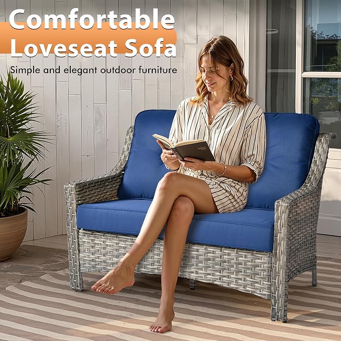 Outdoor Patio Furniture Sets, 5 PCS Patio Conversation Set Outside Rattan Sofa with 54 in Fire Pit Table Comfy Cushions Fit Backyard Porch Garden Poolside Balcony,Navy Blue