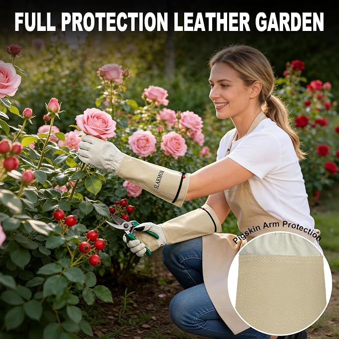 Gardening Gloves for Women Men, Long Thorn Proof Rose Pruning Glove | Womens Long Leather Garden Glove, Heavy Duty Gauntlet, Work Glove for Weeding, Yard Planting, Best Garden Gifts for Gardener