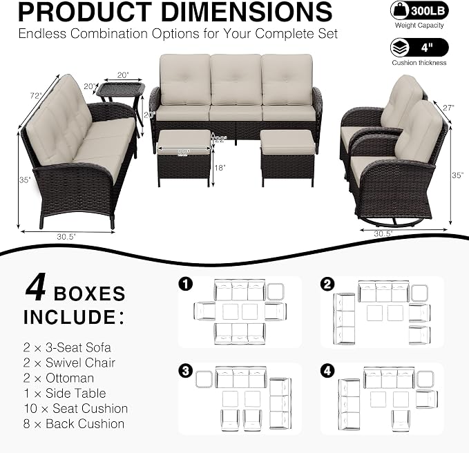 Joyside Wicker Patio Furniture Set, 7 Piece Outdoor Furniture Set with Thickened Cushions, High Back, Deep Seating, Wide Armrest, Outdoor Swivel Rocker Chairs for Porch, Deck