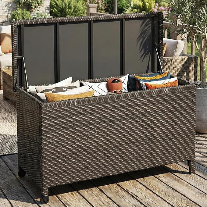 IDEALHOUSE 125 Gallon Outdoor Storage Deck Box with Wheels, Waterproof PE Rattan Garden Storage Chest for Patio, Balcony, Poolside, and Backyard, Portable Storage Container with Handles, Brown