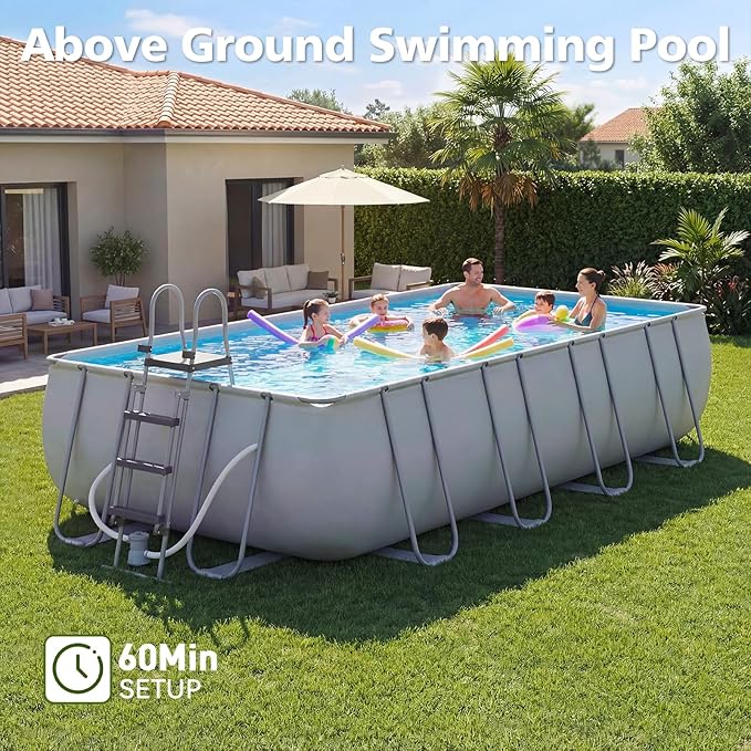 18' x 9' x 47" Rectangular Above Ground Pool Set with Removable Ladder and Filter Pump, Large Swimming Pool for Backyard, Gray