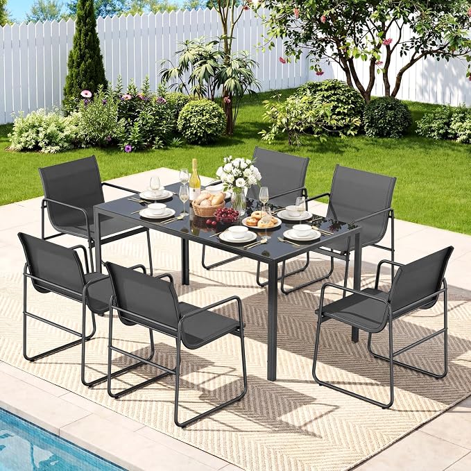 ONBRILL 7 Piece Patio Dining Set for 6, Modern Rectangular Glass Top Steel Table with 6 Breathable Textilene Chairs, Easy Assembly All-Weather Design for Lawn, Backyard, Poolside & Gatherings, Black