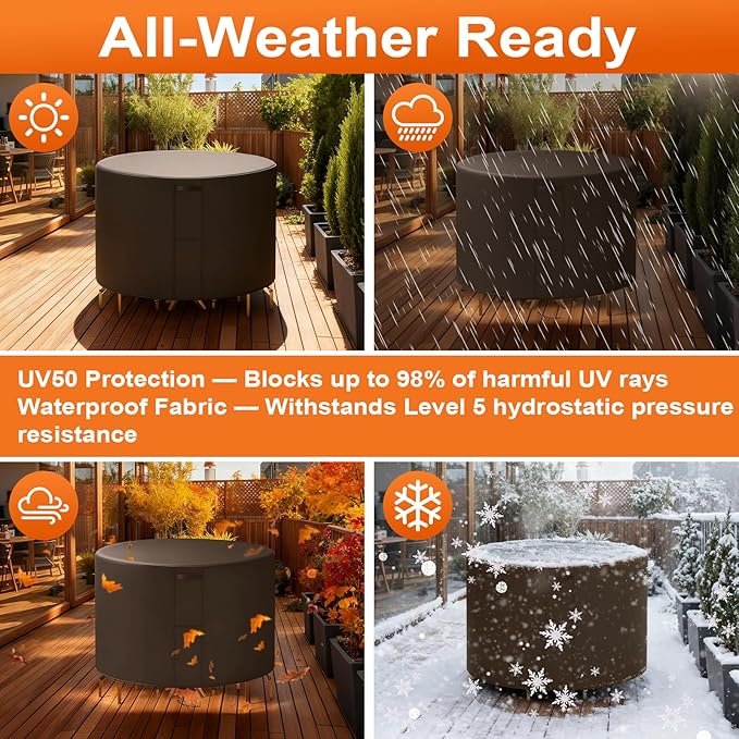 48"(D) x 24"(H) Round Outdoor Furniture Cover, Custom Heavy Duty 420D Waterproof Patio Furniture Cover with Drawstring & Buckles for Table Chair Garden, Coffee