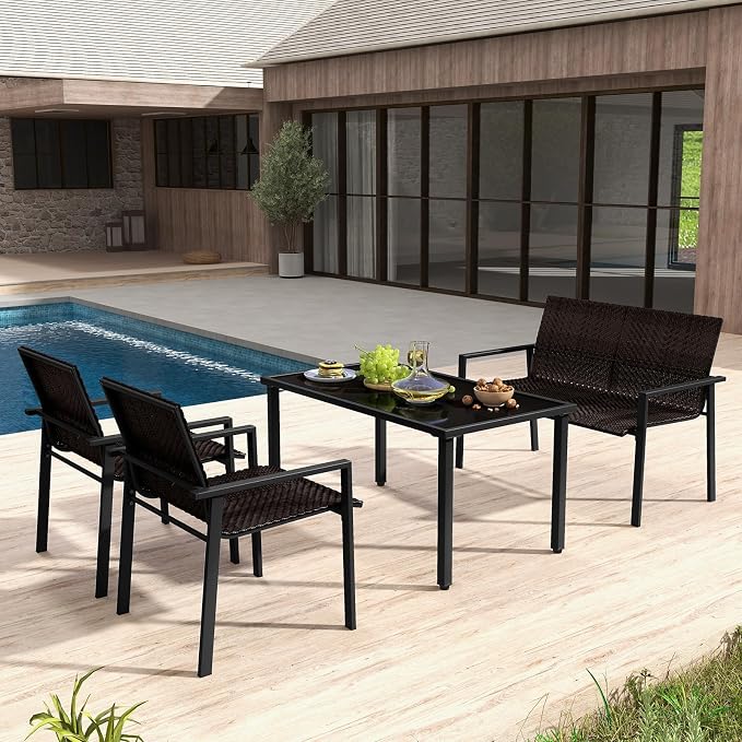 HAPPYGRILL 8 Pieces Wicker Patio Conversation Set with Coffee Table, PE Rattan Chairs with Galvanized Metal Frame, Outdoor Table and Chairs Set for Small Space, Balcony, Poolside, Backyard (Mix Brown)