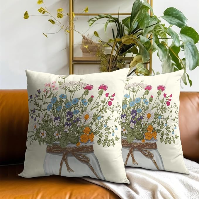 Flowers Vase Throw Pillow Cover 22x22 inch,2 Pcs Watercolor Floral Delicate Wildflowers Summer Seasonal Decorative Pillow Cases Linen Square Cushion Covers for Couch Sofa Home Decor