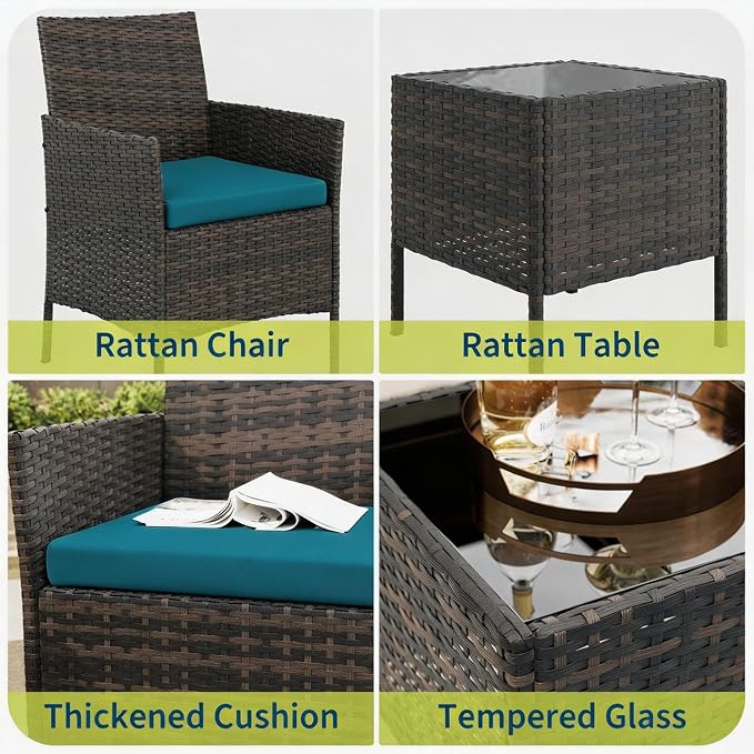 3-Piece Outdoor Furniture Set, PE Rattan Wicker Chairs with Soft Cushions & Tempered Glass Coffee Table - All-Weather Patio Set for Garden, Backyard, Porch, Poolside (Brown/Peacock Blue)