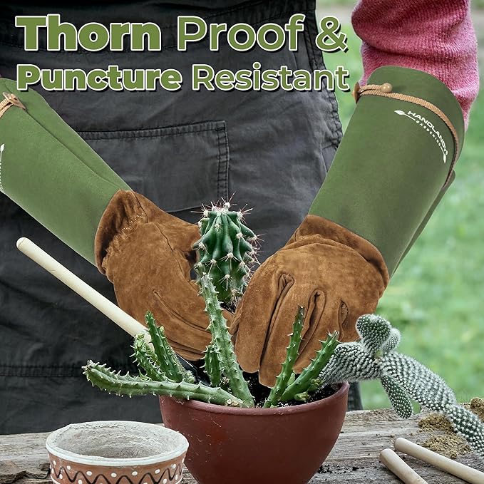 HANDLANDY Rose Pruning Gloves for Men Women, Thorn Proof Gardening Gloves | Long Leather Gardening Gloves, Breathable Leather Gauntlet, Best Garden Gifts & Tools for Gardener (Moss Green, M)