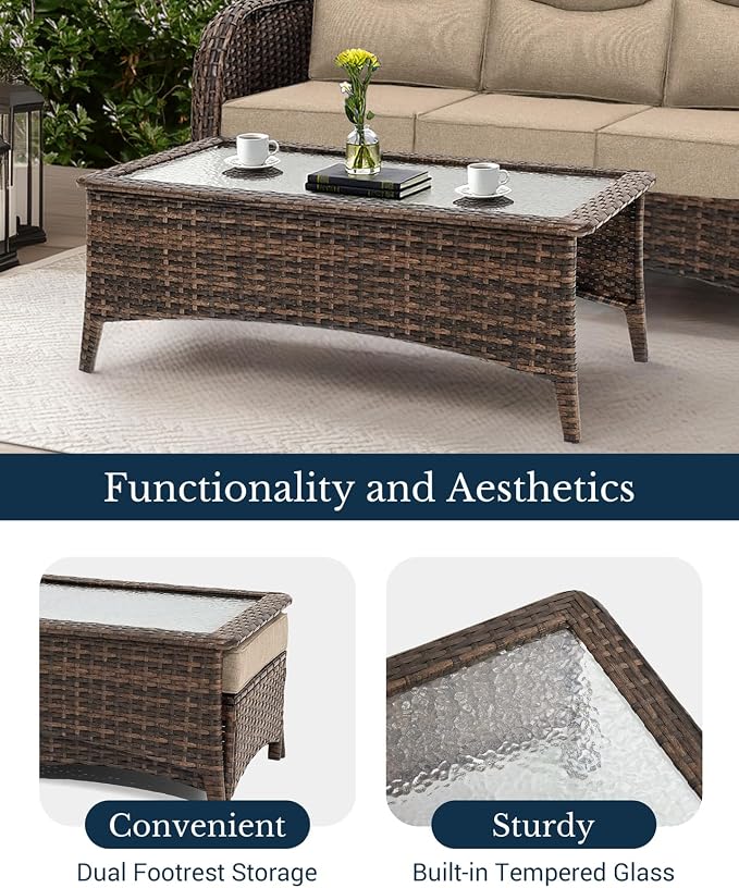 HILLGA Luxury Outdoor Patio Furniture Set with 6-Inch Thick Cushions, High Back Wicker Swivel Rocker Chairs, 6Pcs All Weather Sofa Set for Large Deck, Yard and Poolside, Beige (V3)