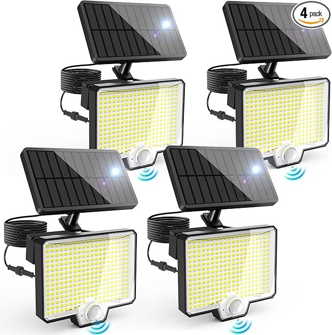 AUDERWIN 294 LED Solar Motion Sensor Outdoor Lights, 5200Lm Solar Flood Lights, IP67 Waterproof Dusk to Dawn Outside Solar Powered Security Spot Lights for Porch Patio Yard Garage Fence, 4 Pack Black