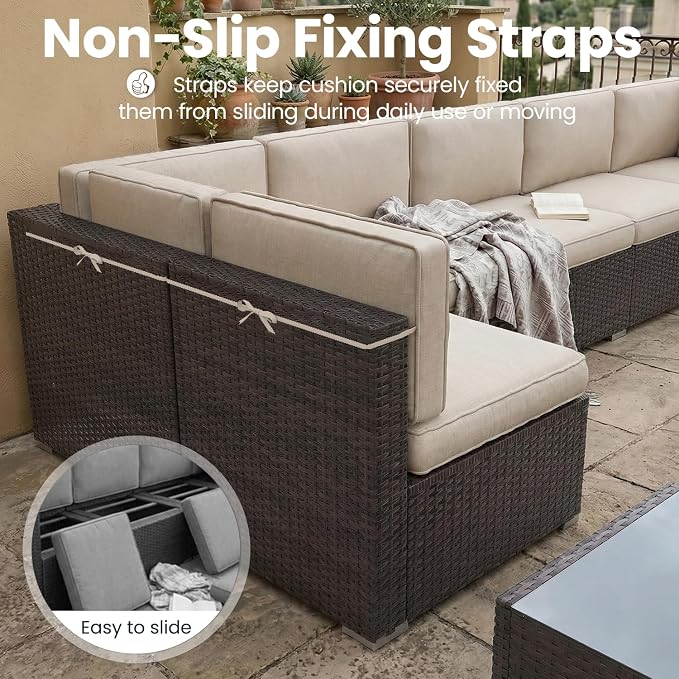 8 Pieces Patio Furniture Set with 44" Propane Gas Fire Pit Table, Outdoor Sectional Brown Rattan Wicker Conversation Sofa Sets with Coffee Table